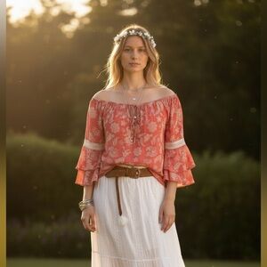 Floral Off-Shoulder Blouse - Coral NWOT